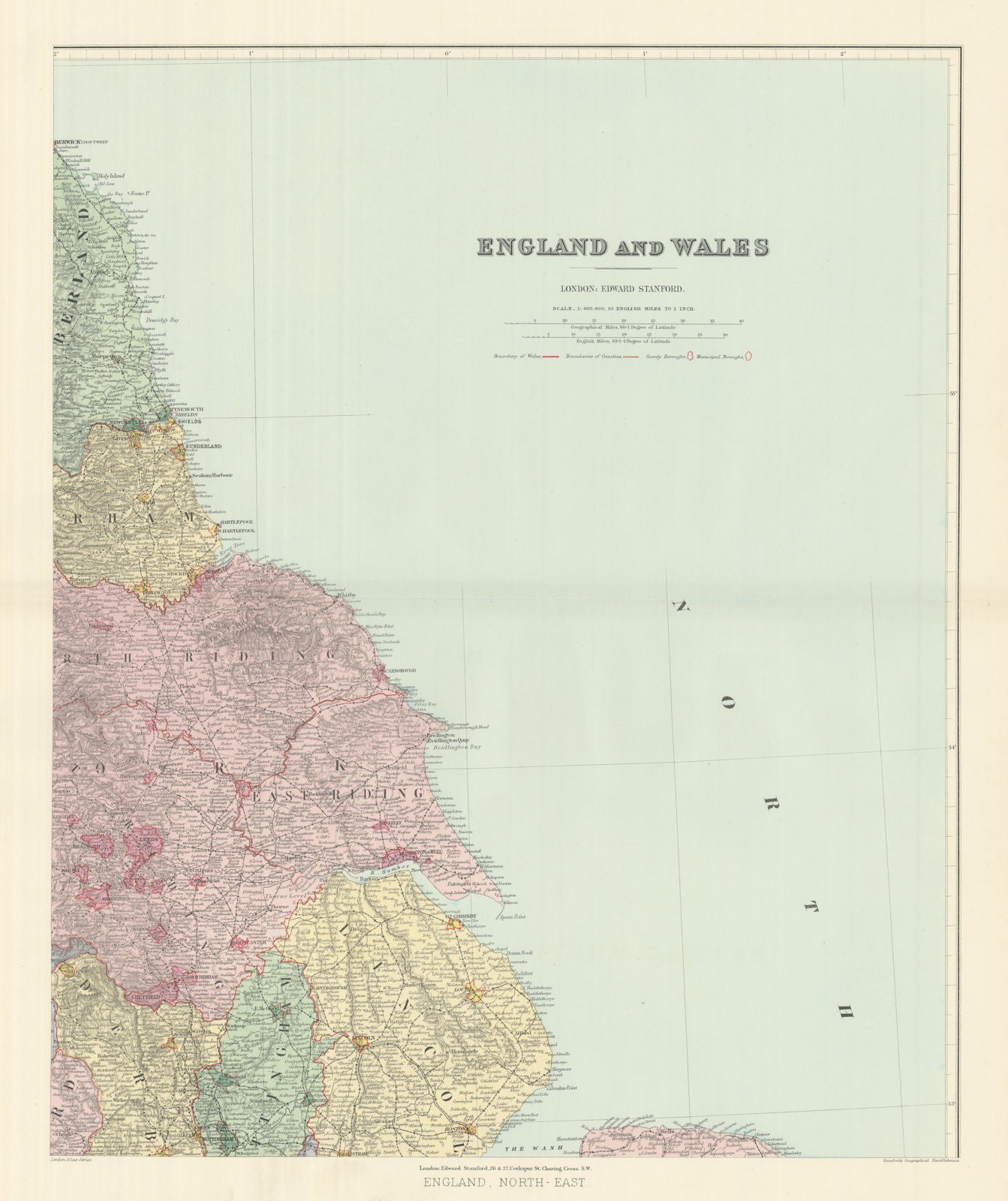 North east England. Tyneside Yorkshire Lincolnshire. 62x51cm STANFORD 1894 map